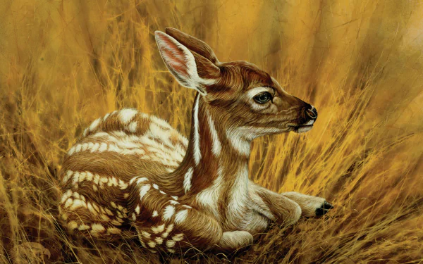  a fawn camouflaged in the dry grass