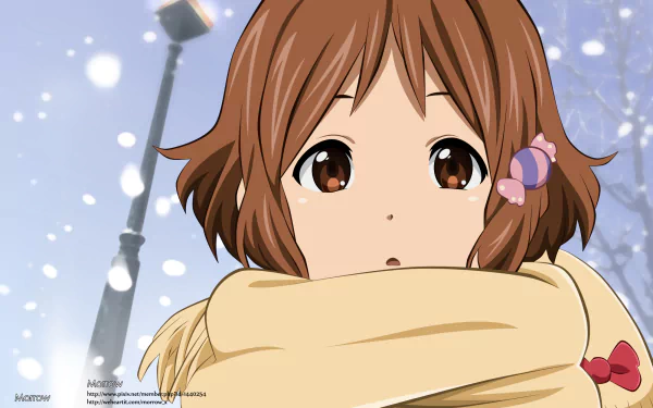 Anime HD desktop wallpaper featuring Kanna Makino from Tamako Market, wrapped in a cozy yellow scarf with softly falling snow in the background.