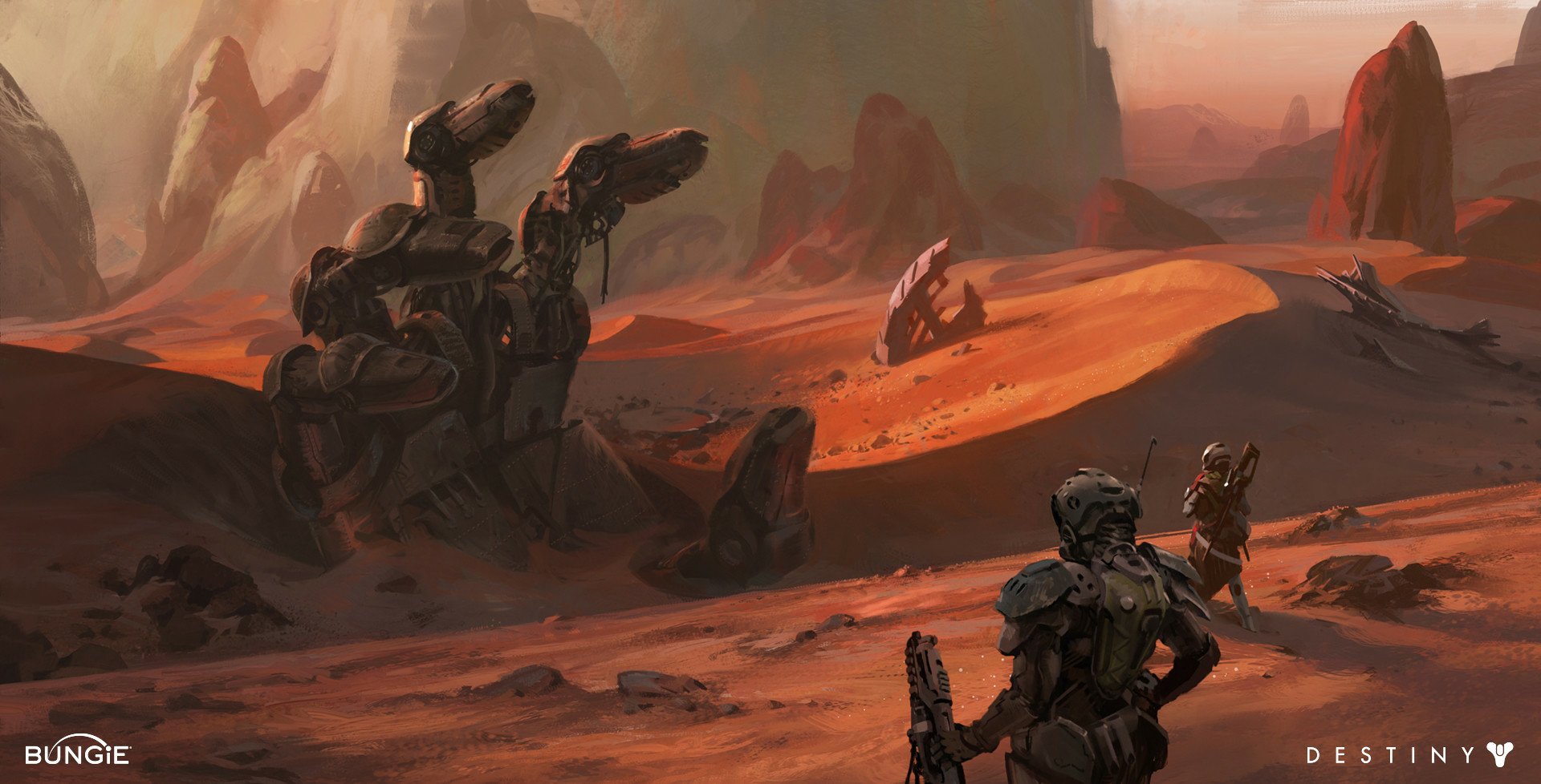 HD PC desktop wallpaper featuring a warrior soldier from Destiny video game standing in a vast, orange-hued desert landscape with rocky formations.