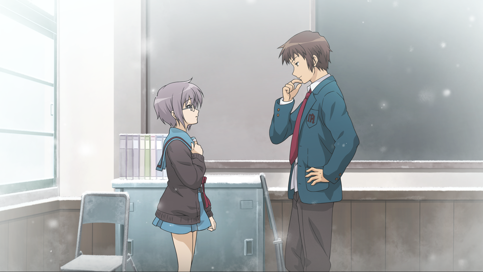 HD PC wallpaper of Kyon and Yuki Nagato from The Melancholy of Haruhi Suzumiya facing each other in a sunlit classroom, Kyon thoughtful, Yuki calm.