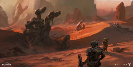 HD PC desktop wallpaper featuring a warrior soldier from Destiny video game standing in a vast, orange-hued desert landscape with rocky formations.