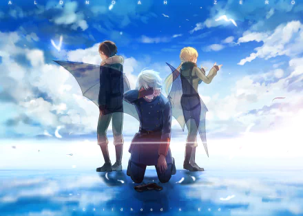 A vibrant HD wallpaper featuring characters Inaho Kaizuka, Slaine Troyard, and Asseylum Vers Allusia from the anime Aldnoah.Zero, set against a dreamy sky backdrop.