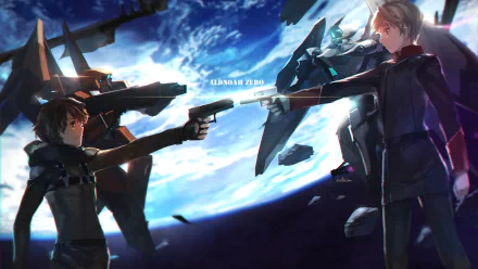 Inaho Kaizuka and Slaine Troyard face off in a tense moment from the anime Aldnoah.Zero, set against a stunning outer space backdrop. HD desktop wallpaper.