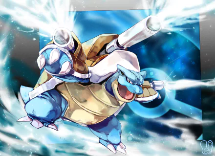 HD desktop wallpaper of Mega Blastoise from the Pokémon anime, showcasing the character's powerful stance and dynamic water cannons against a vibrant background.
