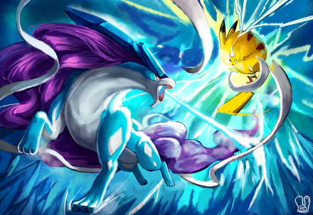 A vibrant HD desktop wallpaper featuring Suicune with red eyes and a flowing tail clashing against Pikachu in a dynamic scene inspired by Pokken Tournament.