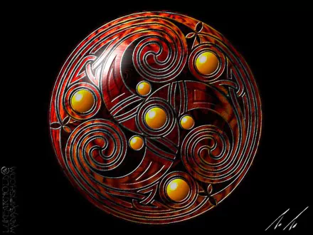 HD PC desktop wallpaper featuring an artistic Celtic knot design with intricate red and gold patterns forming a circular motif.