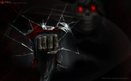 A powerful HD desktop wallpaper featuring a menacing figure with glowing red eyes, breaking through a shattered surface, embodying a dark hacker aesthetic and technological themes.