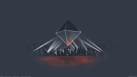 A striking HD wallpaper featuring Ramiel from Neon Genesis Evangelion, showcasing a geometric design over a cityscape illuminated by dramatic lighting.
