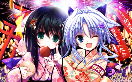 Anime original 2K Quad HD PC desktop wallpaper and background: two girls in floral kimonos at a colorful festival with fireworks, torii gates, lanterns; one winks, one holds a candied apple.