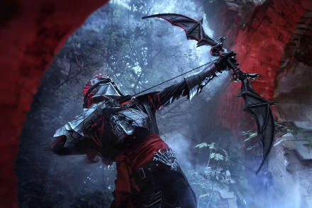 4K Ultra HD wallpaper of a woman cosplaying as an archer from Dragon Age: Inquisition, aiming a dark, intricate bow in a misty, forested setting.