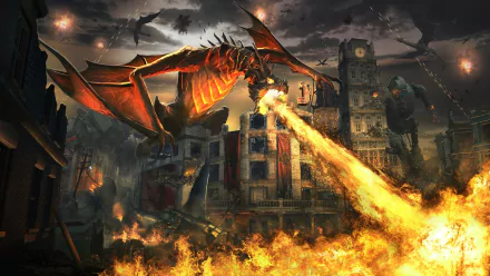 HD desktop wallpaper and background featuring a fire-breathing dragon in an intense battle scene from the video game Call of Duty: Black Ops III. Flames engulf the ruined cityscape under a dark, chaotic sky.