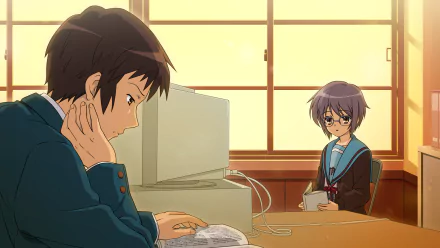 The Melancholy of Haruhi Suzumiya — Kyon at a desk using a PC, Yuki Nagato nearby holding a book in a sunlit classroom; anime HD PC desktop wallpaper/background.