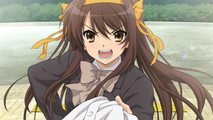 HD anime desktop wallpaper featuring Haruhi Suzumiya from The Melancholy of Haruhi Suzumiya, with her signature yellow ribbons and energetic expression.