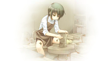 HD PC desktop wallpaper of Ayato Naoi from the anime Angel Beats!, depicted shaping clay on a pottery wheel in a softly lit studio.