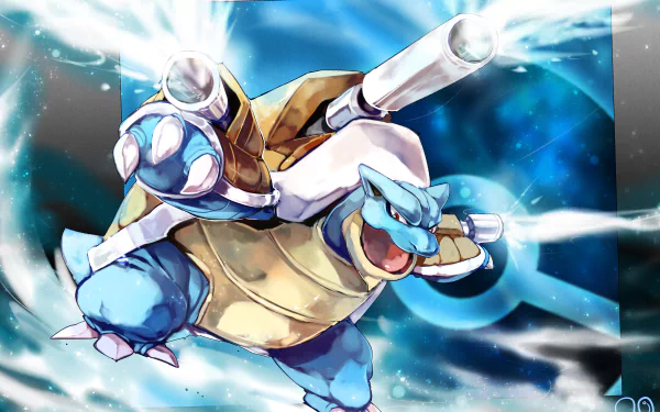 HD desktop wallpaper of Mega Blastoise from the Pokémon anime, showcasing the character's powerful stance and dynamic water cannons against a vibrant background.