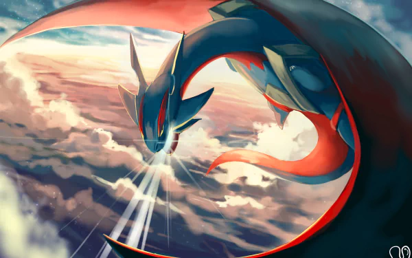 HD wallpaper featuring Mega Salamence, a Pokémon from the anime series, soaring gracefully over a cloud-filled sky.