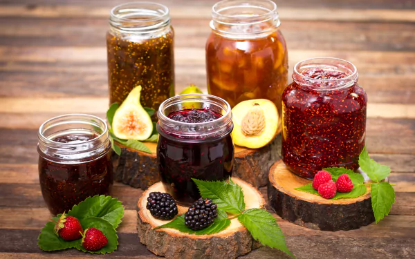 4K Ultra HD image of assorted fruit and berry jams in jars, surrounded by fresh figs, raspberries, and blackberries on wooden surfaces, as a vibrant desktop wallpaper.