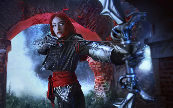 A woman in detailed cosplay as an archer from Dragon Age: Inquisition draws her bow, set against a mystical, foggy backdrop with red-lit arches. 4K Ultra HD wallpaper quality.