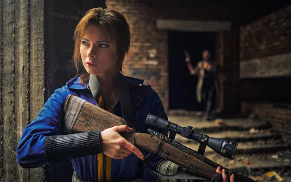 HD PC wallpaper of a woman cosplaying Sole Survivor from Fallout 4, holding a scoped rifle in a dimly lit, abandoned building setting.