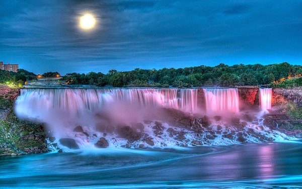 Earth Waterfall Waterfalls Night Dusk Moon Tree HD Wallpaper | Background Image