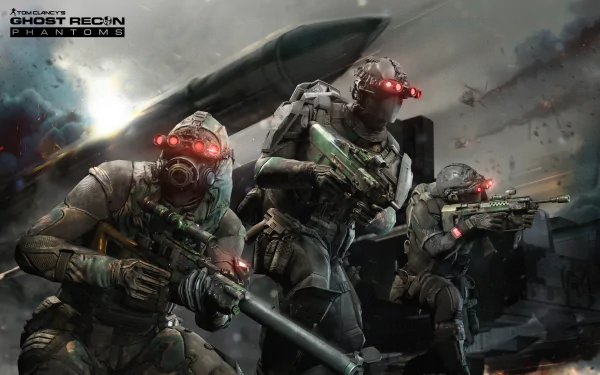 4K Ultra HD PC wallpaper featuring soldiers in tactical gear from the video game Tom Clancy's Ghost Recon Phantoms, set against a smoky battlefield backdrop.
