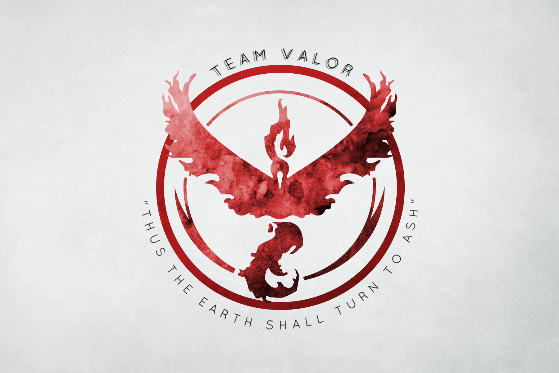 HD wallpaper of Pokémon GO's Team Valor emblem with a fiery phoenix and motto on a textured background.