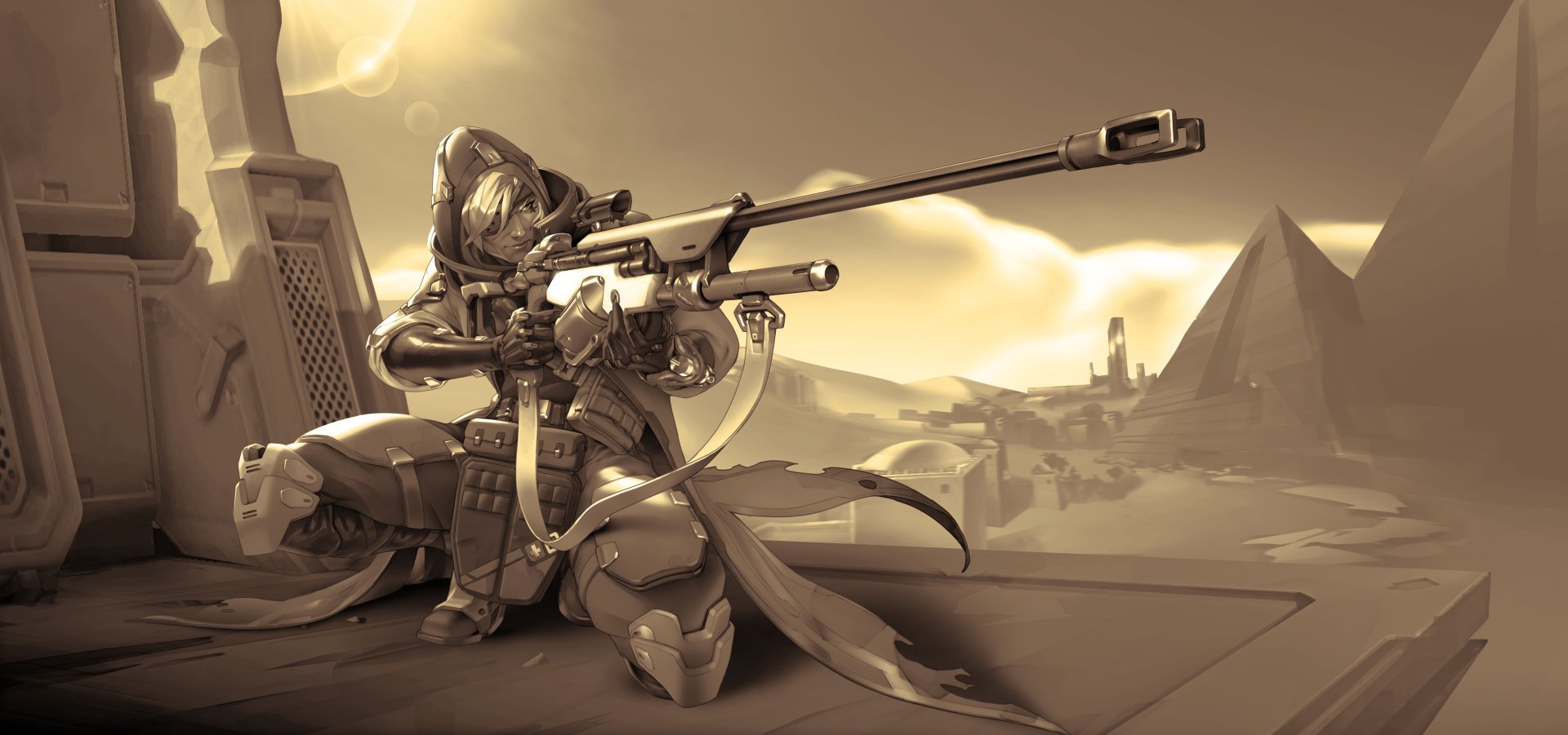 A stylized image of Ana, the woman warrior from Overwatch, wielding a sniper rifle. This dynamic 4K Ultra HD wallpaper captures her as a formidable force in the game’s universe.