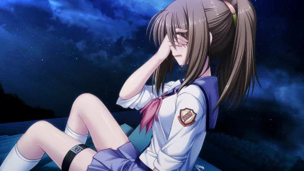 HD anime wallpaper featuring Hisako from Angel Beats! sitting contemplatively under a night sky, showcasing detailed character art and a serene atmosphere.