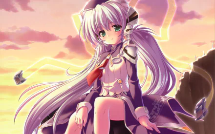 HD anime desktop wallpaper featuring Yumemi Hoshino from Planetarian: The Reverie of a Little Planet, with soft pastel skies and glowing light effects.