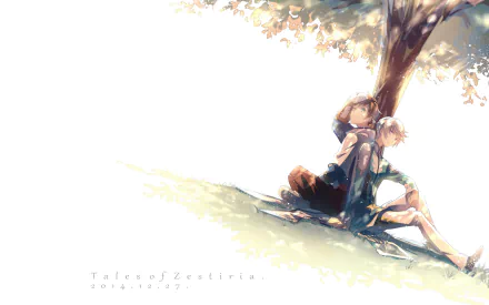 HD wallpaper featuring Mikleo and Sorey from the anime Tales of Zestiria the X, set against a serene background under a tree, expressing friendship and tranquility.