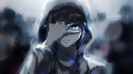 An original anime HD desktop wallpaper featuring a character with blue eyes, partially covered by their hand, standing in the rain.