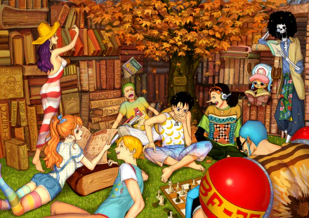 HD PC desktop wallpaper featuring the One Piece crew—Luffy, Zoro, Nami, Sanji, Usopp, Chopper, Robin, Franky, and Brook—relaxing in a cozy autumn setting.