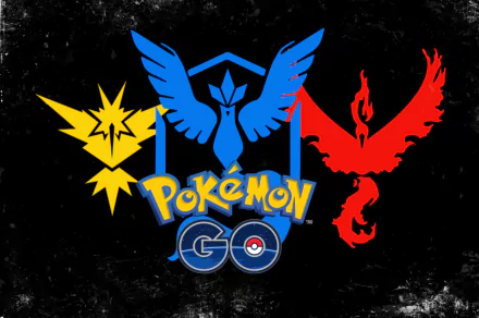 HD desktop wallpaper featuring the logos of Pokémon Go's Team Mystic, Team Valor, and Team Instinct set against a dark, textured background.