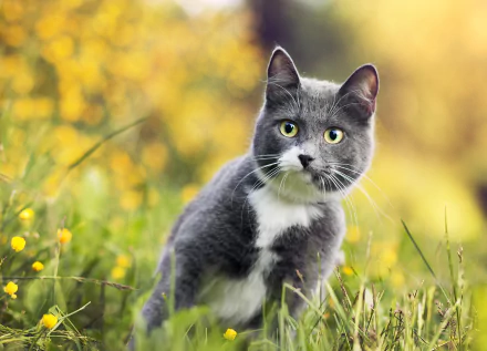 A gray and white cat sits alert in green grass with yellow bokeh in the background, captured in HD for a vibrant PC desktop wallpaper.