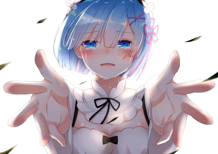 HD desktop wallpaper featuring Rem from the anime Re:Zero - Starting Life in Another World. Rem is shown reaching out with a tender expression, her blue hair adorned with a pink hairpin.