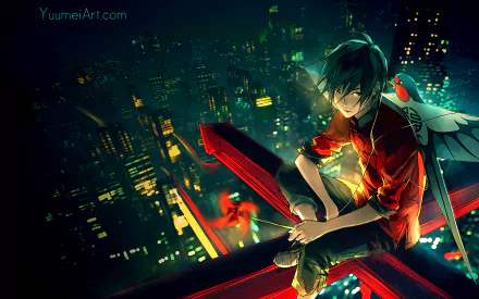 HD desktop wallpaper featuring an original anime-style artwork of a character with a bird, sitting on a red structure overlooking a vibrant city at night. Created by YuumeiArt.com.