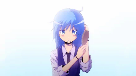 A stunning HD wallpaper featuring Nagisa Shiota from Assassination Classroom, showcasing her blue hair and eyes with a subtle blush as she brushes her hair.