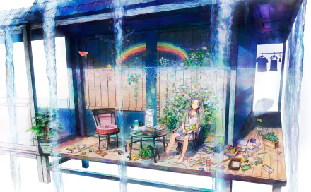 A stunning original anime HD desktop wallpaper featuring a tranquil scene with a girl surrounded by nature, colorful books, and a vibrant rainbow, evoking a serene atmosphere.