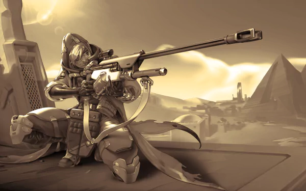 A stylized image of Ana, the woman warrior from Overwatch, wielding a sniper rifle. This dynamic 4K Ultra HD wallpaper captures her as a formidable force in the game’s universe.