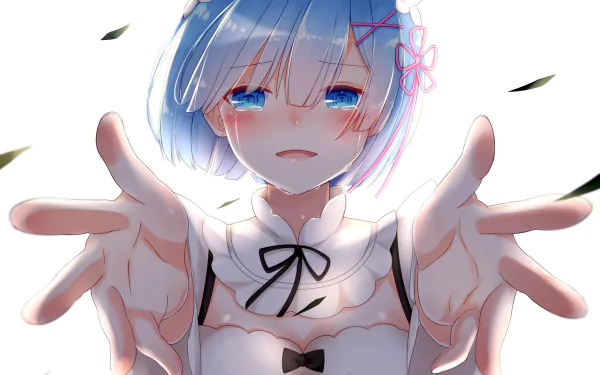 HD desktop wallpaper featuring Rem from the anime Re:Zero - Starting Life in Another World. Rem is shown reaching out with a tender expression, her blue hair adorned with a pink hairpin.