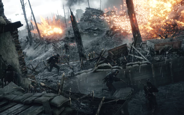 Battlefield 1 HD PC desktop wallpaper: smoky WWI trench battle with soldiers advancing through mud and wreckage beneath fiery explosions.