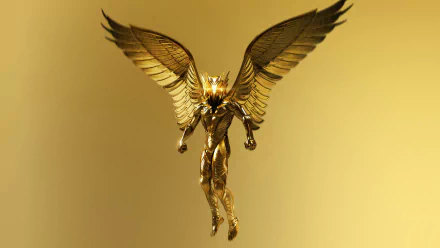 A majestic golden figure with large wings soars against a shimmering gold backdrop, inspired by the movie *Gods Of Egypt*, providing a stunning HD desktop wallpaper.