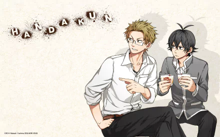 A dynamic scene featuring Takao Kawafuji and Seishuu Handa from the anime Handa-Kun, set against a light background with the title prominently displayed.