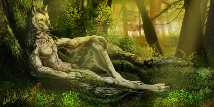 HD fantasy PC desktop wallpaper featuring a relaxed anthropomorphic wolf creature reclining in a lush, sunlit forest setting.