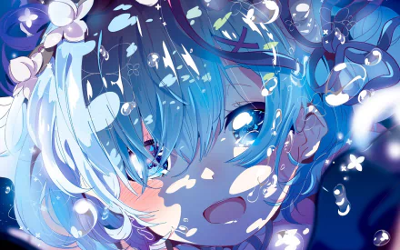 Anime wallpaper of Rem from Re:ZERO - Starting Life in Another World, shedding tears with a background of floral elements and vibrant blue hues.