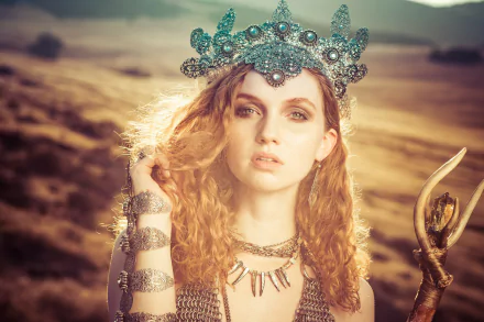 HD desktop wallpaper of redhead model Alexandria Basso wearing an ornate crown and necklace, with green eyes glowing in sunny, warm light.