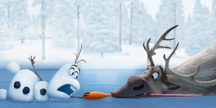 Sven and Olaf from the movie Frozen share a fun moment on a snowy ice landscape. This HD background captures their playful friendship and the enchanting winter atmosphere of the film.