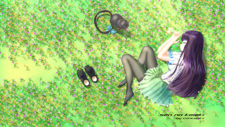 Anime HD PC desktop wallpaper and background, Eiyuu Densetsu: a girl with long purple hair in a school uniform reclines on a flower-speckled lawn, shoes and satchel beside her.