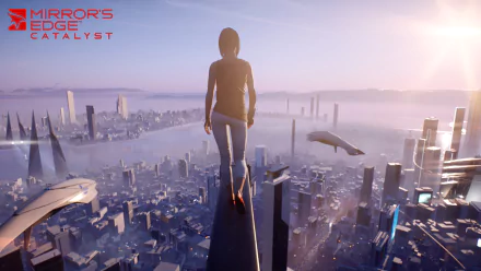 Faith Connors stands on a high ledge overlooking a futuristic city in this HD PC desktop wallpaper from the video game Mirror's Edge Catalyst.