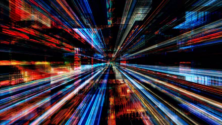 Abstract digital light burst of multicolored streaks converging to a vanishing point, HD PC desktop wallpaper and background.